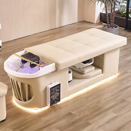 Table de Massage Head Spa Equipment avec shampoing, Cycle d'eau et Fumigation, Beige, Comprenant Un lit de Soin du Visage et Un Espace de Rangement.