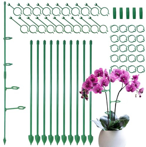 10er Set Pflanzenstütze Stapelbar & Höhenverstellbar mit Verlängerte Ringklemmen, Fiberglasstäbe, Tomatenstäbe,Orchideenstäbe, Blumenstütze, Pflanzstab für Monstera Orchideen Tomaten Rosen