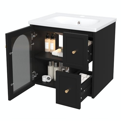 HAINEW Mueble de baño con armario bajo, juego de 2 unidades con 2 cajones y 1 puerta de cristal, armario para debajo del lavabo con lavabo, 60,5 x 47,5 x 57 cm, HD26041407 (negro)