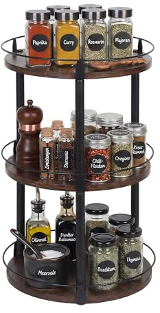 Relaxdays drehbares Gewürzregal, 3 Etagen, 360° Gewürzrondell, Fallschutz, HxD: 46 x 28 cm, Öl & Essig, braun/schwarz
