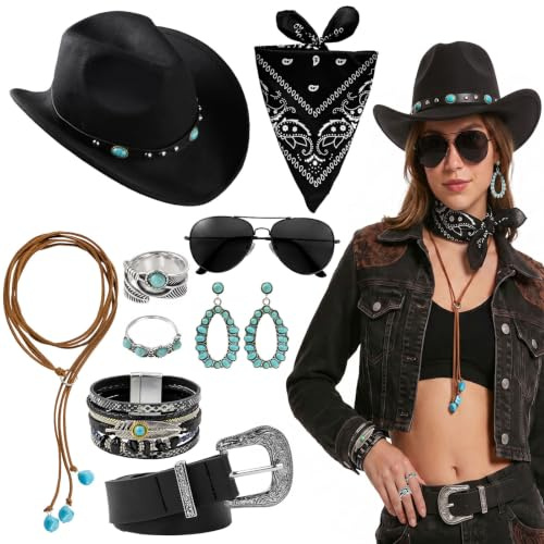 LHOEST 9Stück Zubehör Cowboy Kostüm Damen Cowboyhut Western Outfit Cowgirl | Western Gürtel Halskette Bandana Ringe Sonnenbrille Ohrringe Deko Western Kostüm Karneval Halloween Cosplay Costume Cowboy