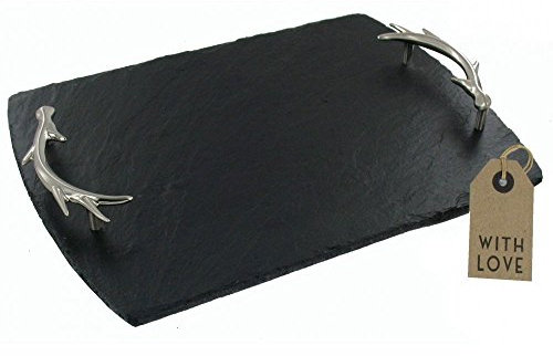 The Just Slate Company Medium Serving Tray with Antler Handles, Black