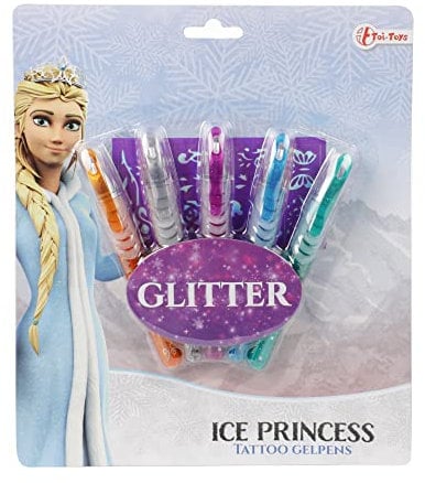Toi-Toys Eisprinzessin Kugelschreiber, Tattoo, Kinder, für die Haut – Set temporäres Tattoo für Mädchen, Gelschreiber mit Pailletten, Schablone, Children Tattoo, Geschenke – 5 Farben