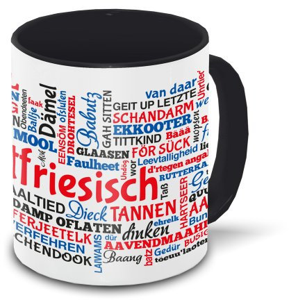 Ostfriesen-Tasse Tagcloud - weiß/schwarz - Tasse mit typischen Wörtern im ostfriesischen Dialekt | Keramik-Tasse mit 330 ml Inhalt