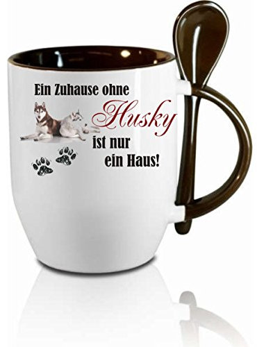 Tasse m. Löffel Ein Zuhause ohne Husky Löffeltasse, Kaffeetasse mit Motiv,Bürotasse, bedruckte Tasse mit Sprüchen oder Bildern - auch individuelle Gestaltung nach Kundenwunsch