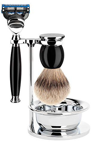 MÜHLE Rasierset mit Schale - Sophist Serie 4 tlg. - Silberspitz Dachszupf - mit Gillette-Klingen - Edelharz schwarz