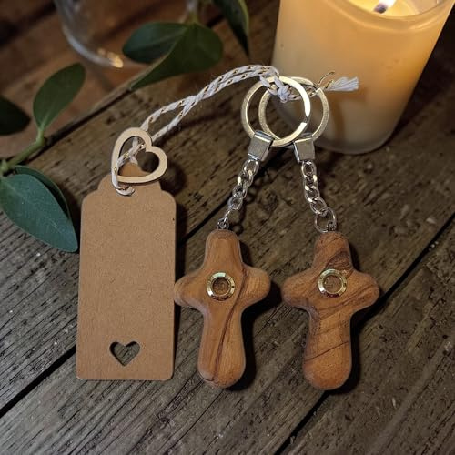 Schlüsselanhänger 2 Stück Holzkreuze mit Reliquiendarstellung, Länge 13 cm inklusive Anhänger