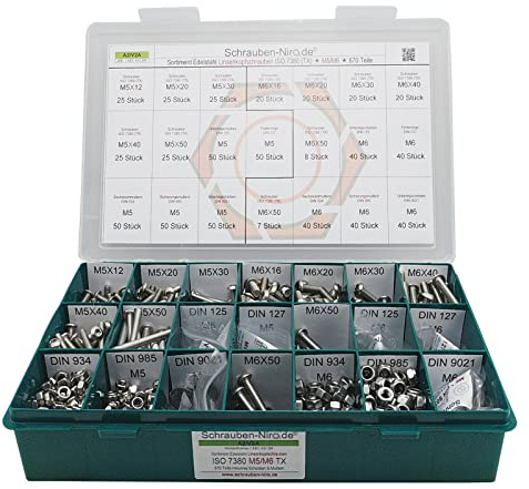 Set Linsenkopfschrauben Torx M5+M6 Edelstahl A2 Muttern Scheiben rostfrei | Sortiment M5 + M6 ISO 7380-1 V2A Flachrundkopfschrauben Torx Unterlegscheiben DIN 125 127 9021 DIN 934 985 670 Teile