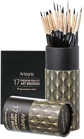 ARTEGRIA Detail Paint Brush Set - 17 Miniature Paint Brushes with Fine Tips, Ergonomic Handle, Dagger Brush for Small Scale Model Art and Paint by Numbers for Adults - Acrylic Watercolor Oil Gouache