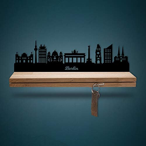 Schlüsselleiste Holz mit Skyline Berlin - Geschenk für Stadtverliebte - Stabiles & Massives Schlüsselbrett aus Eichenholz Moderner Schlüsselhalter für die Wand - 100% Made in Germany - Größe 35 cm