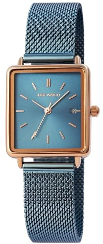 Eckige Damenuhr Gold Silber Schwarz | Armbanduhr Damen eckiges Zifferblatt elegant | Damenarmbanduhr eckig Quarz – Girls Watch Geschenk Frauen (Blau/Rosegold)