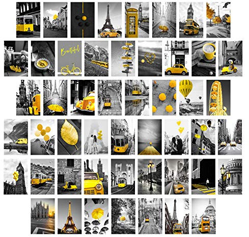 WandcollageSet EiffelturmDekor – Ästhetische Bilder Poster schwarz und weiß Paris Wandkunst romantisch modern Stadtbild gelber Regenschirm Auto Foto für Zuhause Teenager Mädchen Schlafzimmer