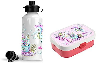 wolga-kreativ Personalisiertes Set Mepal Campus Kinder Brotbüchse und Trinkflasche Pasenset Meerjungfrau Torte für Mädchen mit Fächern und Unterteilung als Geschenk Schule und Kindergarten