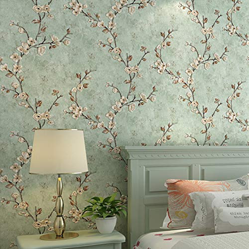 MEAIHOME Retro American Pastoral Style Flower Tree Non-Woven 3D Bedroom Living Room Home TV Background Non-Pasted Wallpaper Light Cyan 1.73'W x 32.8'L