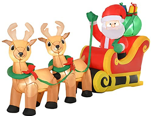 HOMCOM Babbo Natale Gonfiabile con Slitta e 2 Renne, Addobbi di Natale in Tessuto Poliestere Impermeabile con Luci a LED 240x57x112cm