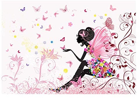 WallArena - Vlies Fototapete Kinderzimmer 368x254 cm Mädchen Fee Rosa Blumen Schmetterlinge für Kinder - Fototapeten Tapeten für Kinder Kindertapete - Vliestapete Wandtapete Tapete 3D Effekt