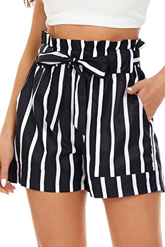 FANGJIN high Waist Shorts Damen Sommer Kurze Hose Frauen Jogging Bermuda Freizeitshorts Workout Fliege Schwarze und weiße Streifen Hotpant Schwarzdruck M(36 38)