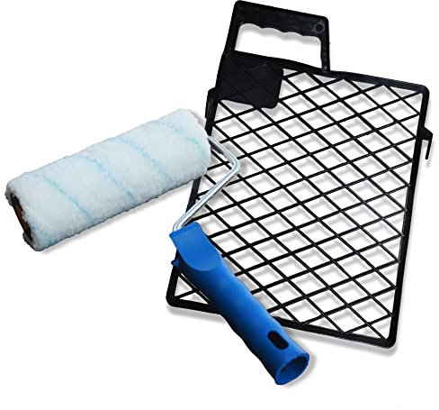 DERPOL - Set rullo per pittura professionale antigoccia con fibra in poliammide -Largezza 18 cm - Altezza pelo 15 mm - con griglia in plastica 26 x 22,5 cm - Per pareti, muratura, solaio.