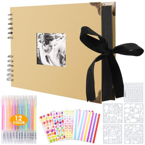 Album Fotografico per Scrapbooking a Spirale, 80 Pagine Nere, Fai da Te, 2 Angoli per Foto, 6 Adesivi, 5 Stencil, 12 Pennarelli Colorati, per Anniversario di Matrimonio, Compleanno, Natale