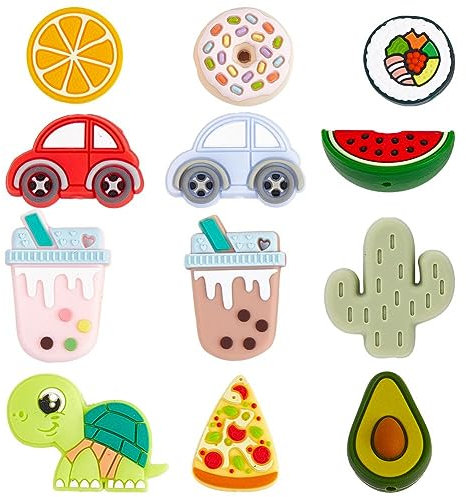 SUNNYCLUE 1boîte 12 Styles Perles Focales en Silicone 3D Perles en Silicone de Qualité Alimentaire Formes Mignonnes Grandes Perles en Vrac Cactus Chunky Perle Charme Tortue Orange Sushi Perles pour St