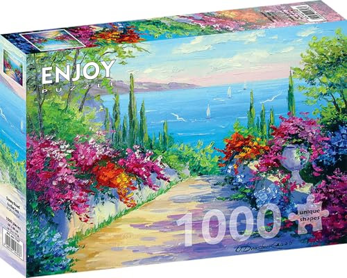 1000 Pieces Jigsaw Puzzle for Adults – Matte Finish, Soft Touch, Sturdy and Unique Pieces, Tight Fit, Vivid Colors, Missing Pieces Service – Sunny Landscape of Flower Road to the Sea – by ENJOY Puzzle