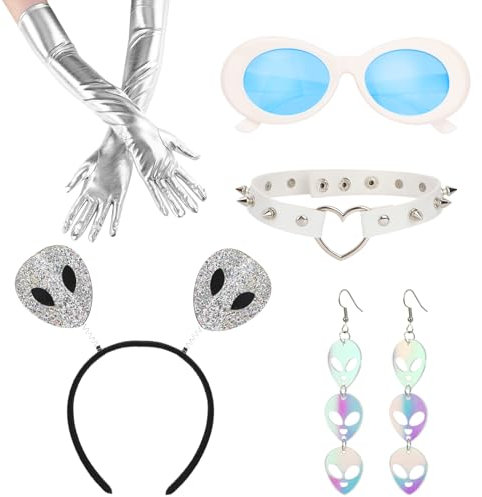 XEPST Alien Kostümzubehör Set - Alien Antennen Stirnband, Ohrringe, Halskette und Handschuhe für Frauen und Mädchen - Perfekt für Alien Partys, Halloween, Karneval, Cosplay - Anziehzubehör, Weiß