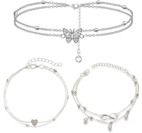 KGDUYC Ensemble de 3 bracelets de cheville bohème pour femme -Bracelet de cheville réglable en couches,Bracelet de cheville à double rangée pour femmes et filles, pour femmes adolescentes