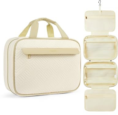 Telena Trousse de toilette pour homme et femme - Grande trousse de toilette à suspendre - Trousse de toilette de voyage - Trousse de maquillage pour femme, Beige avec kaki