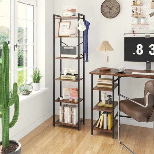 YMYNY Librería de 6 Niveles, Estantería, Biblioteca, Altura 182 cm, Estantería para Oficina, Marco Metálico, Industrial, para Sala de Estar, Estudio Oficina, Cocina, Marrón Rural HBC001H