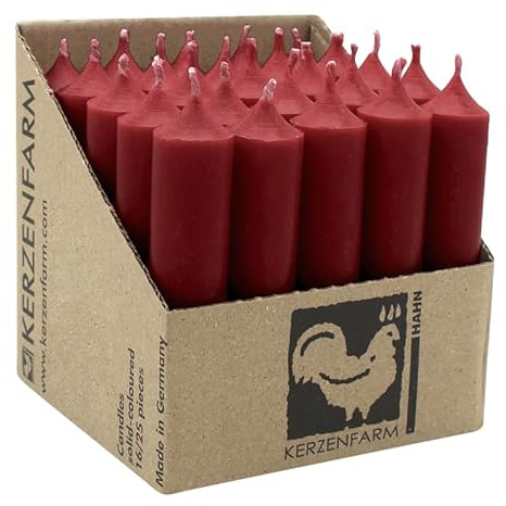 luterna Stabkerzen aus Paraffin, 100/22 mm, Himbeerrot, KERZENFARM HAHN, Brenndauer ca. 4h, 25 Stück pro Verpackung