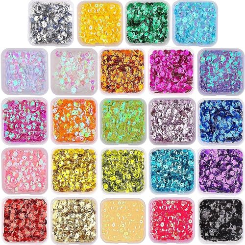 VEYLIN Lose Pailletten, 22500 Stück, 4 mm, lose Pailletten, 24 Farben, runde Stick-Pailletten zum Basteln, Pailletten mit Löchern für DIY