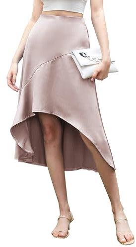 Kate Kasin Gonna da donna elastica in raso alto basso a vita alta A-Line Midi Gonna, rosa chiaro, XXL