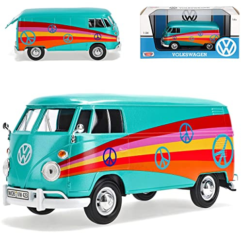 Motormax Volkwagen T1 Transporter Grün Peace Samba Bully Bus 1950-1967 1/24 Modell Auto mit individiuellem Wunschkennzeichen