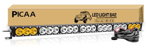 PICAA Led Arbeitsscheinwerfer 38 Zoll 96CM 315W einzelne Reihe Led Lichtbalken 12V Slim Led Zusatzscheinwerfer Bar Zweifarbig Bernstein & Weiß für SUV Offroad ATV UTV Traktor 4x4 Auto Mit Kabelbaum