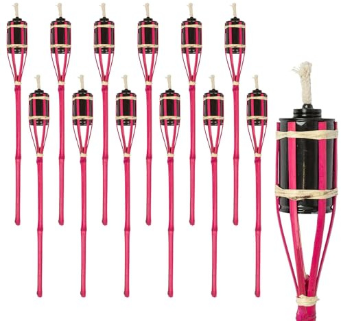 Harbour Housewares Bambus-Feuerfackeln - 60 cm - Rosa - 12 x Gartenbeleuchtung, traditionelle Tiki-Fackeln, Paraffinöl-Lampe, Kerzenflamme, Laterne für den Außenbereich mit abnehmbarem
