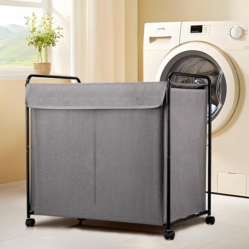 EasyAcc Wäschekorb mit Rädern, Wäschesammler auf Rollen (150L), Wäschekorb, Deckenaufbewahrung mit großer Kapazität, Rahmen aus Karbonstahl, 24 x 16,8 x 23,4 Zoll