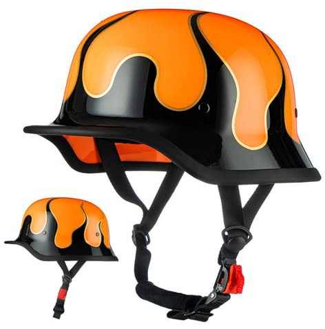 WABMJGW Retro-Motorradhelm, Jethelm für Herren und Damen, ECE/DOT-geprüfter Halbhelm, Verstellbarer Schnellverschluss, für Roller, Cruiser, im Sommer,Orange-XL(61~62) cm