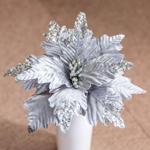 Anevous 5 Stück Pailletten Weihnachten Blumen, Glitzer Künstliche Weihnachtsstern, Künstliche Blumen zu Weihnachten, Deko Blumen für Weihnachtsbaum, Hochzeit, Ornamente,Silber