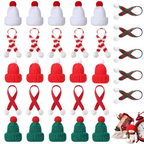 ARROMI 30 Stück Kleine Weihnachtsmützen, Weihnachtsmütze, Nikolausmütze, Mini Weihnachtsmütze Und Schal Set, Für Tischdekoration, Schneemann, Dekoration, Geschenk, Dekoration, Party 