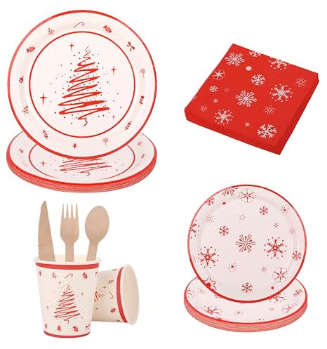 WedDecor Servizio da tavola di Natale, 112 pezzi, composto da piatti, bicchieri, tovaglioli e posate in legno, un kit completo per le tue celebrazioni natalizie, accessori per feste