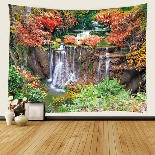 AMDXD Wandteppiche, Landschaft Natur Wandteppich Wald Dschungel Wasserfall Landschaft Tapisserie Polyester Tuch mit Art Nature Dekorationen, Braun Orange Grün, 150x150cm