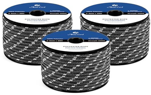 Abma Cord Corda Intrecciata in Poliestere 4mm x 20m Cima Nautica Resistente per Nautica, Esterno, Marina, Barca, Tende - Nero/Bianco