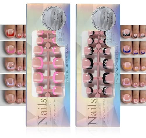 BeauFairy 240PCS Faux Ongles des Pieds, Acrylique Pose Capsule Americaine Ongle, Ongles Gel Couverture Complète, Givré Faux Ongles pour Débutant en Manucure, Prothésiste Ongulaire Salons Nail, 023