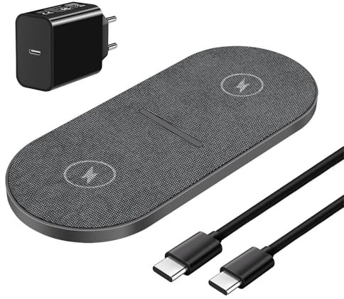 FDGAO Chargeur à Induction Double 20W Chargeur sans Fil 2 en 1 avec Adaptateur pour iPhone 16/15/14 Pro/13/12/11/XS Max/XR/8,AirPods, Samsung Galaxy S25/S24/S23/S22/S21/S20,Note20/10,Galaxy Buds etc