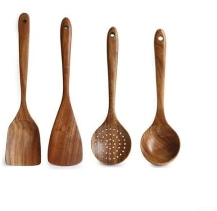Honseadek 4/6 Pieces Natural Wood Kitchen Utensils Set, Long Handle Cooking Spoons Ladle Rice Colander Soup Spoon Wooden Spatula Cooking Tools(4Pcs)