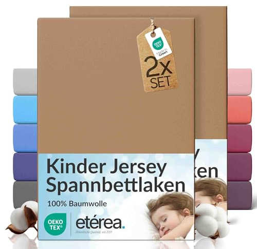 etérea Jersey 2er Set Spannbettlaken 80x160cm - 80x180cm Stucco bis 20 cm Höhe - 100% Baumwolle Spannbetttuch Oekotex - Kinder Doppelpack Bettlaken 80x160 cm - 80x180 cm - Braun