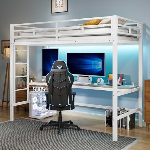 YEHTOKHOME Lit loft Moderne 90x200cm avec lumière d'ambiance télécommandée et Bureau,Simple en métal lit avec USB et Prise,Multifonctionnel lit avec escalier(sans Matelas) (Blanc)