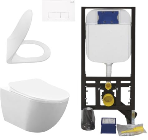 Creavit Hänge WC Set Weiß spülrandlos Rim-Off 48,5 cm Softclose Sitz Vorwand Spülkasten 3/6 L Unterputz Komplettset