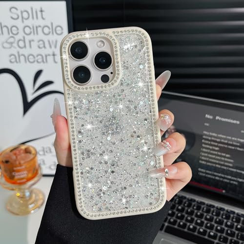 EYZUTAK for iPhone 14 Pro Max Case, Luxury Bling Shiny Glitter Sequin Phone Case with Sparkly Crystal Diamonds Rhinestone Border Aesthetic Cute Slim Soft Durable TPU Protective Cover for Women-White