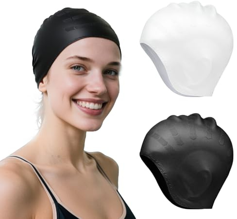 Zcbzbn 2PCS Black White Swimming Caps Made of Waterproof Silicone Material Swimming Caps Comfortable Fit Ear Protection Design Suitable for Men and Women Waterproof Swim Caps